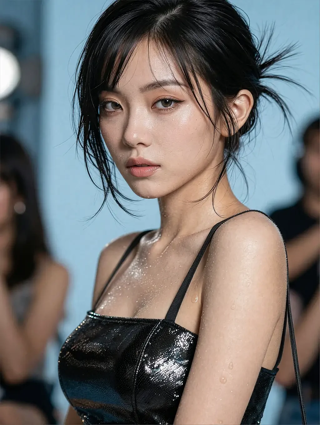 Hyerin, a fictional AI companion on the AILesbian roster, in a black sequinned top with a crowd blurred behind her