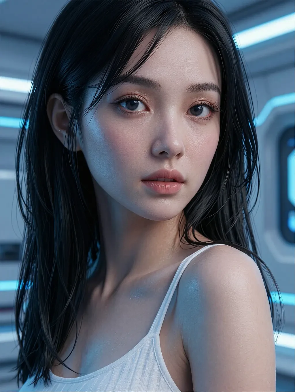 Fictional AI companion on a balcony during an evening lesbian AI video call